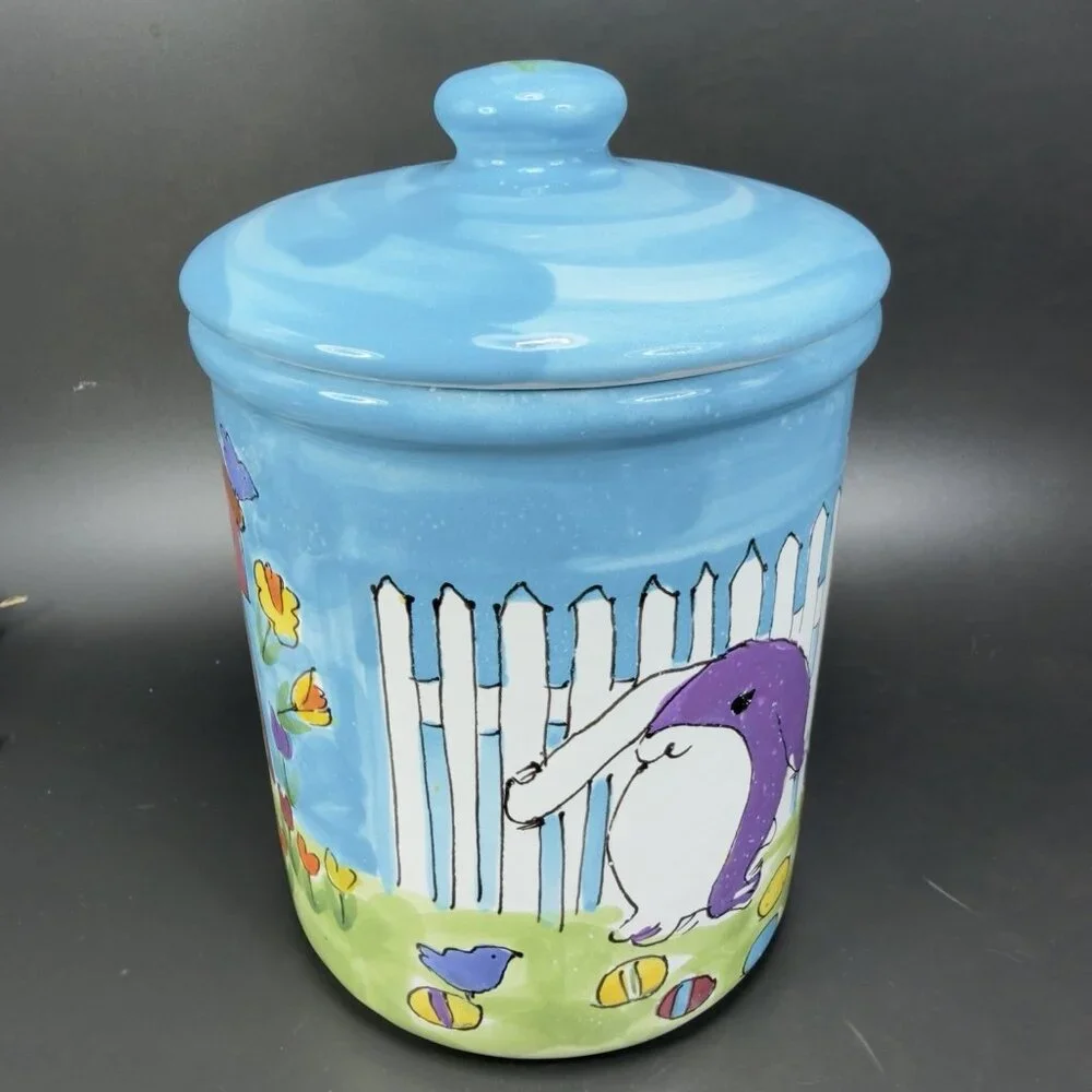 Starbucks Canister Cookie Jar Container Hand Painted Hungary Bunny Rabbit Flower - Picture 11 of 15